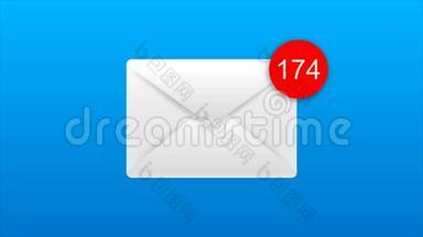 4K动画电子邮件信封与自动计数号码在红圈隐喻收入电子邮件和按摩在<strong>蓝色</strong>和黑色<strong>背板</strong>